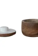 Mango Wood Pinch Pot w/ Enameled Lid, Natural & White