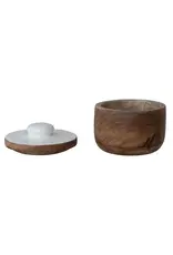 Mango Wood Pinch Pot w/ Enameled Lid, Natural & White
