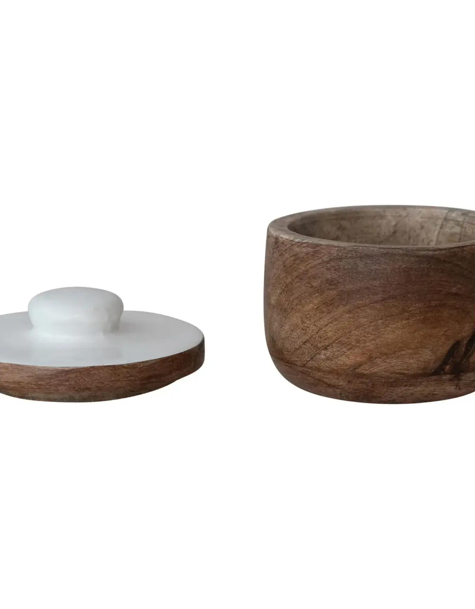 Mango Wood Pinch Pot w/ Enameled Lid, Natural & White