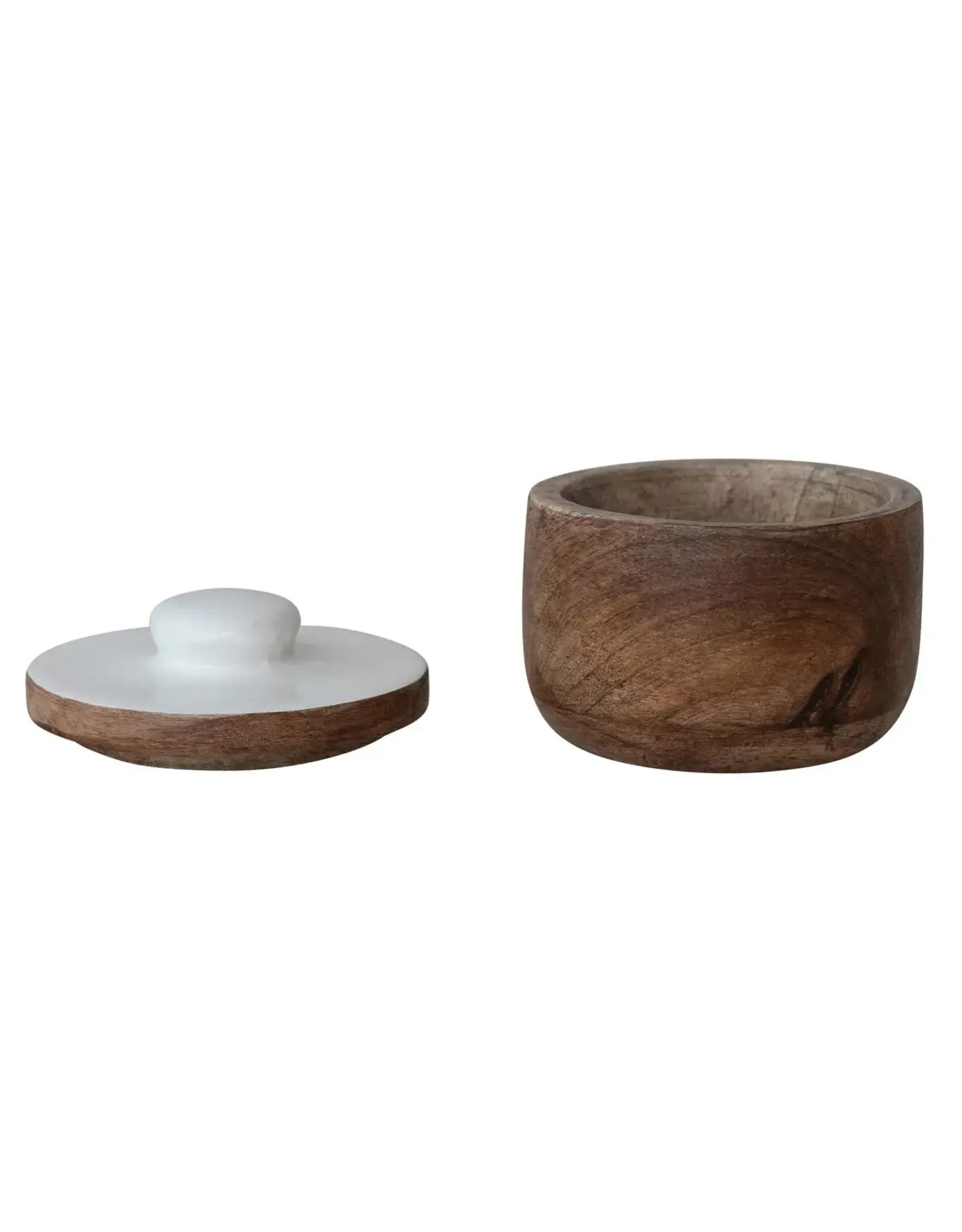 Mango Wood Pinch Pot w/ Enameled Lid, Natural & White