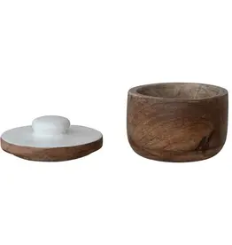 Mango Wood Pinch Pot w/ Enameled Lid, Natural & White