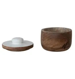 Mango Wood Pinch Pot w/ Enameled Lid, Natural & White