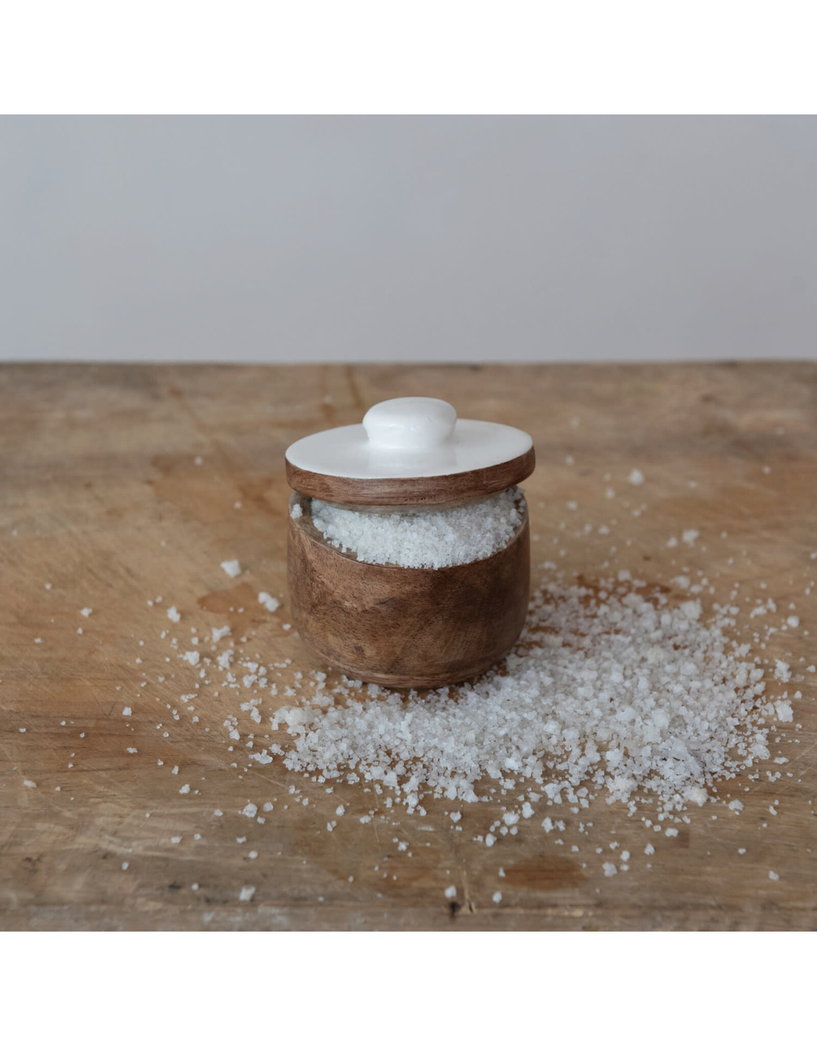 Mango Wood Pinch Pot w/ Enameled Lid, Natural & White