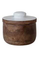 Mango Wood Pinch Pot w/ Enameled Lid, Natural & White