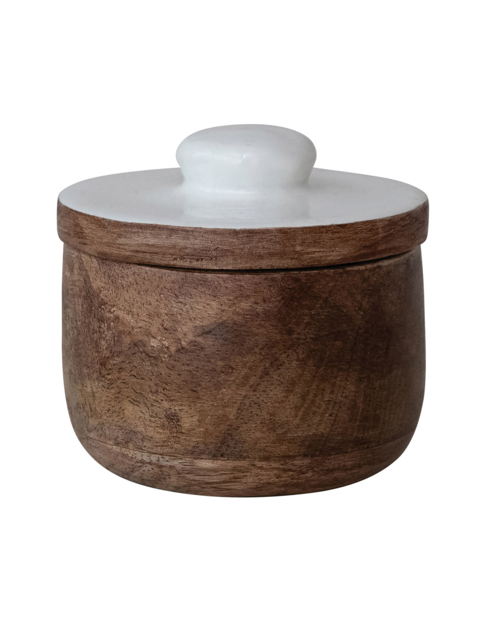 Mango Wood Pinch Pot w/ Enameled Lid, Natural & White
