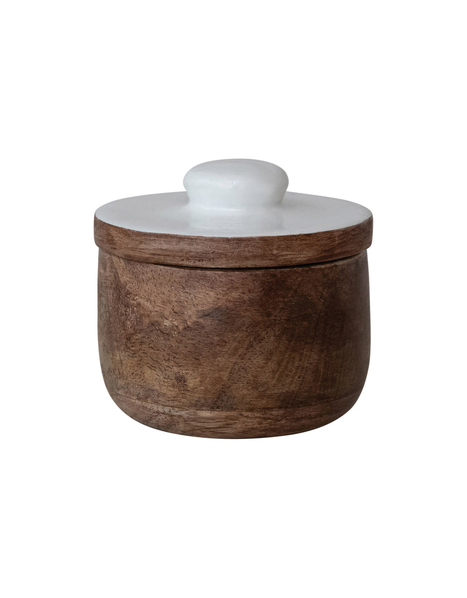 Mango Wood Pinch Pot w/ Enameled Lid, Natural & White