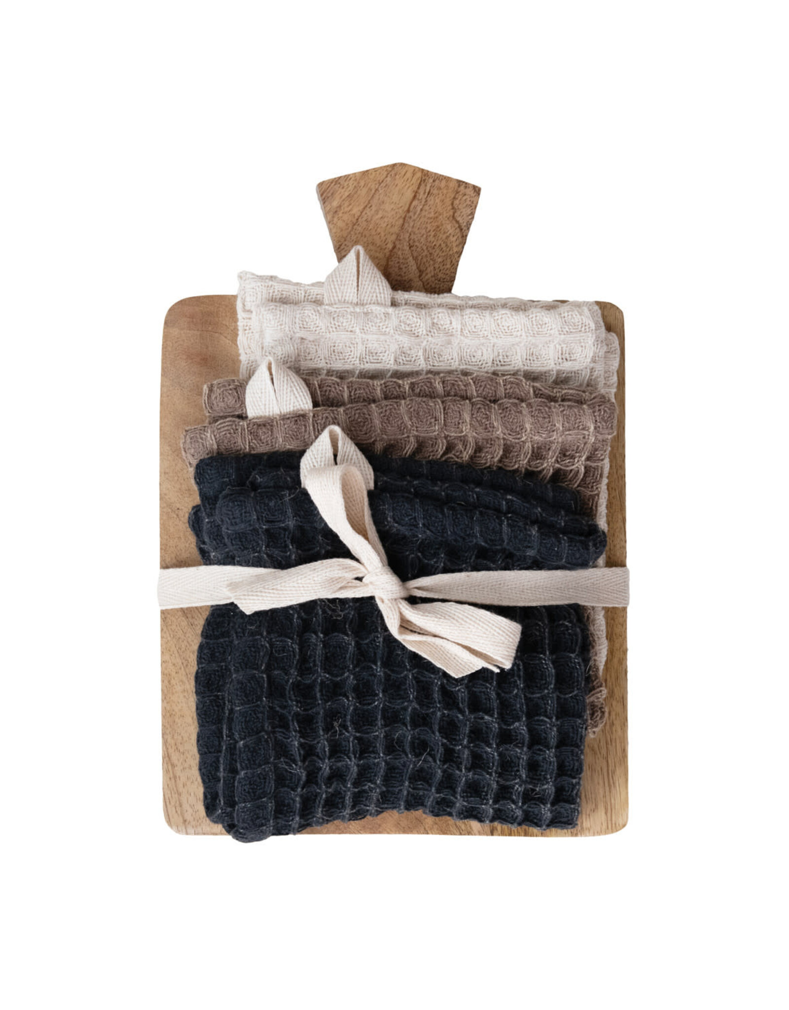 Waffle Weave Dish Cloths w/ Cheese/Serving Board, Set of 4 Tied