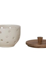 Stoneware Garlic/Onion Keeper w/ Mango Wood Lid
