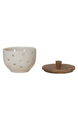 Stoneware Garlic/Onion Keeper w/ Mango Wood Lid