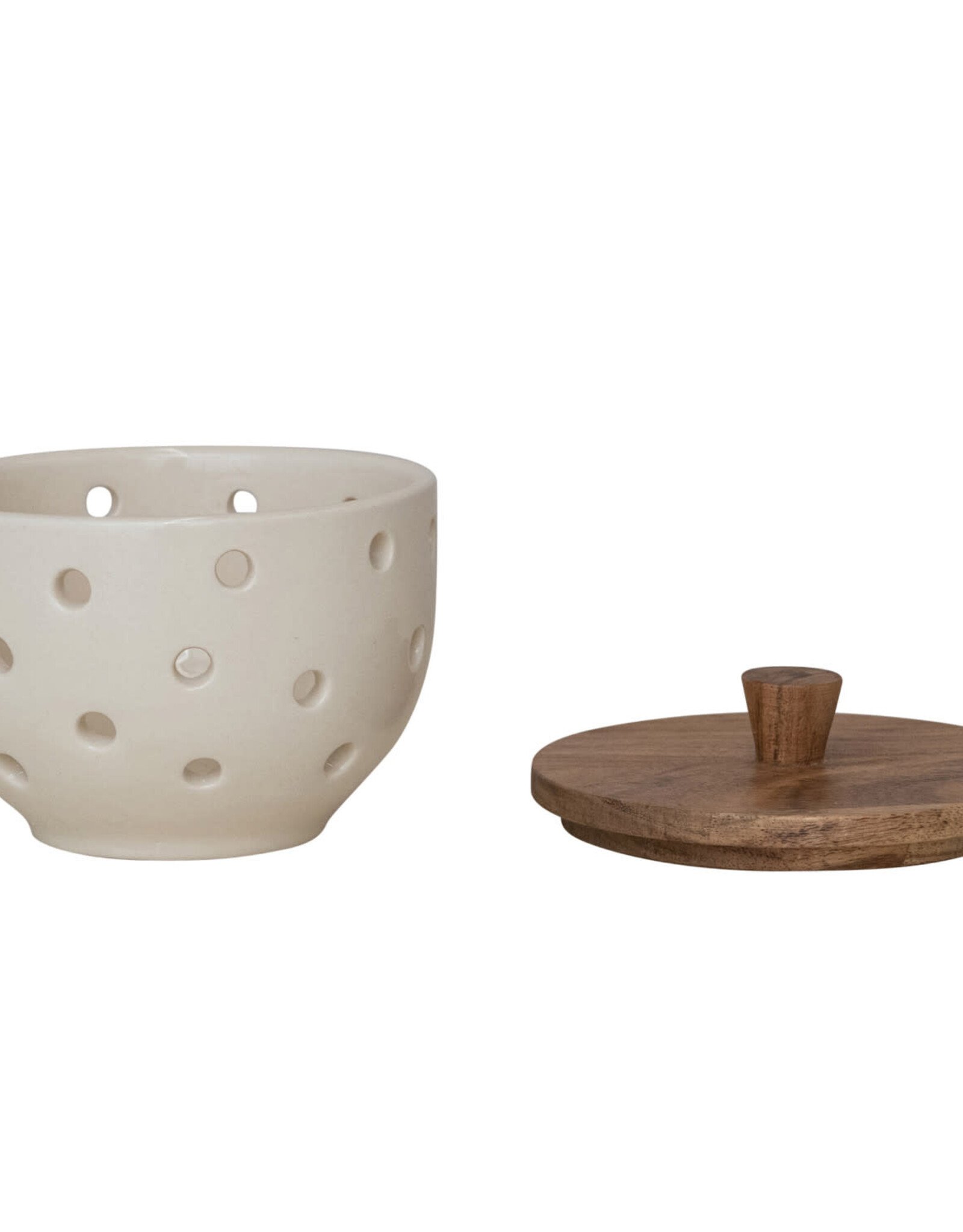 Stoneware Garlic/Onion Keeper w/ Mango Wood Lid