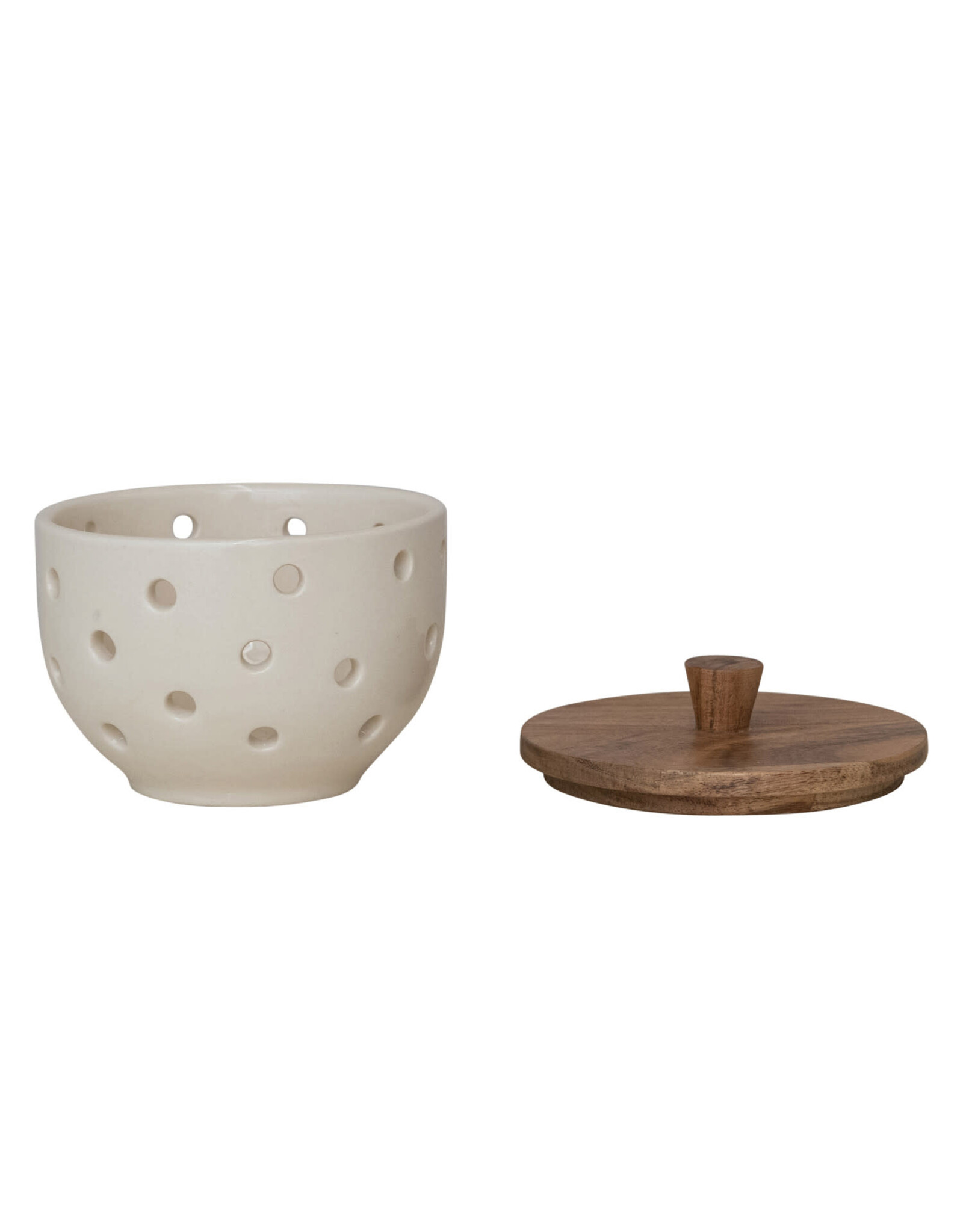 Stoneware Garlic/Onion Keeper w/ Mango Wood Lid