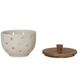Stoneware Garlic/Onion Keeper w/ Mango Wood Lid