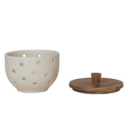 Stoneware Garlic/Onion Keeper w/ Mango Wood Lid
