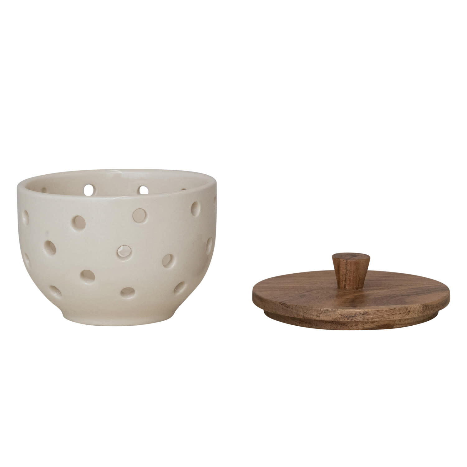 Stoneware Garlic/Onion Keeper w/ Mango Wood Lid - Shoppe Jessica ...