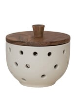 Stoneware Garlic/Onion Keeper w/ Mango Wood Lid