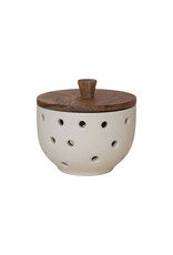 Stoneware Garlic/Onion Keeper w/ Mango Wood Lid