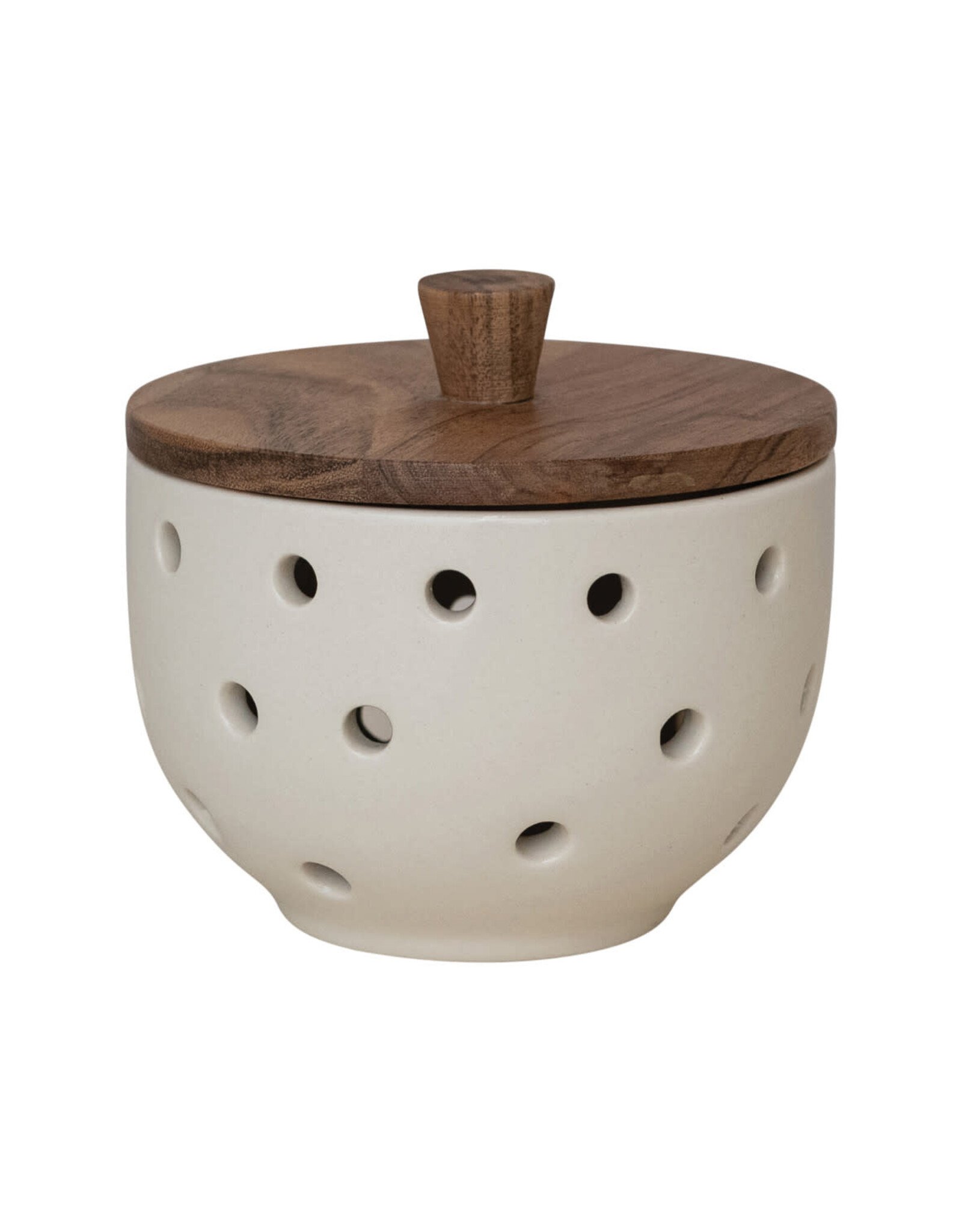 Stoneware Garlic/Onion Keeper w/ Mango Wood Lid