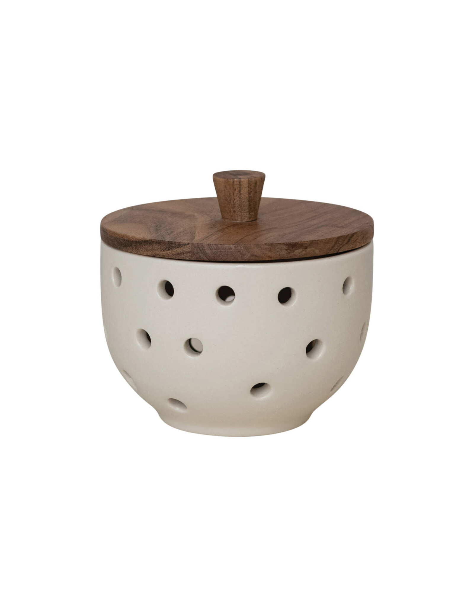 Stoneware Garlic/Onion Keeper w/ Mango Wood Lid