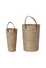Hand-Woven Seagrass Baskets with Faux Leather Handle, Set of 2