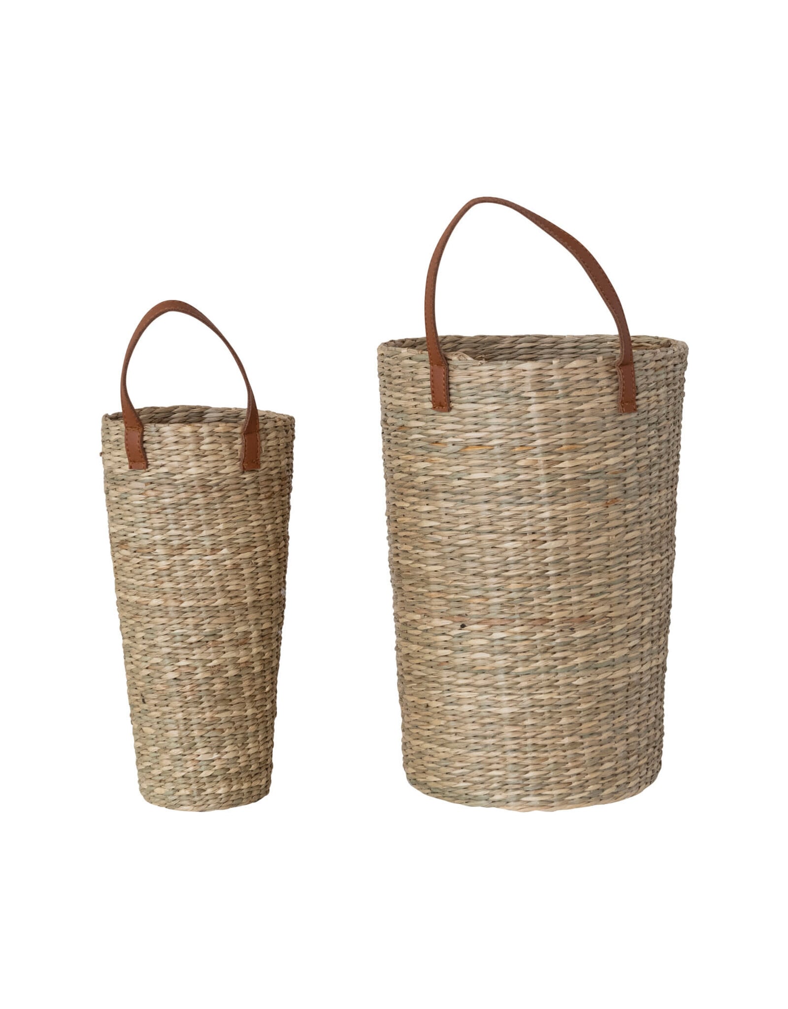 Hand-Woven Seagrass Baskets with Faux Leather Handle, Set of 2