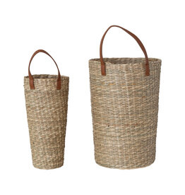 Hand-Woven Seagrass Baskets with Faux Leather Handle, Set of 2