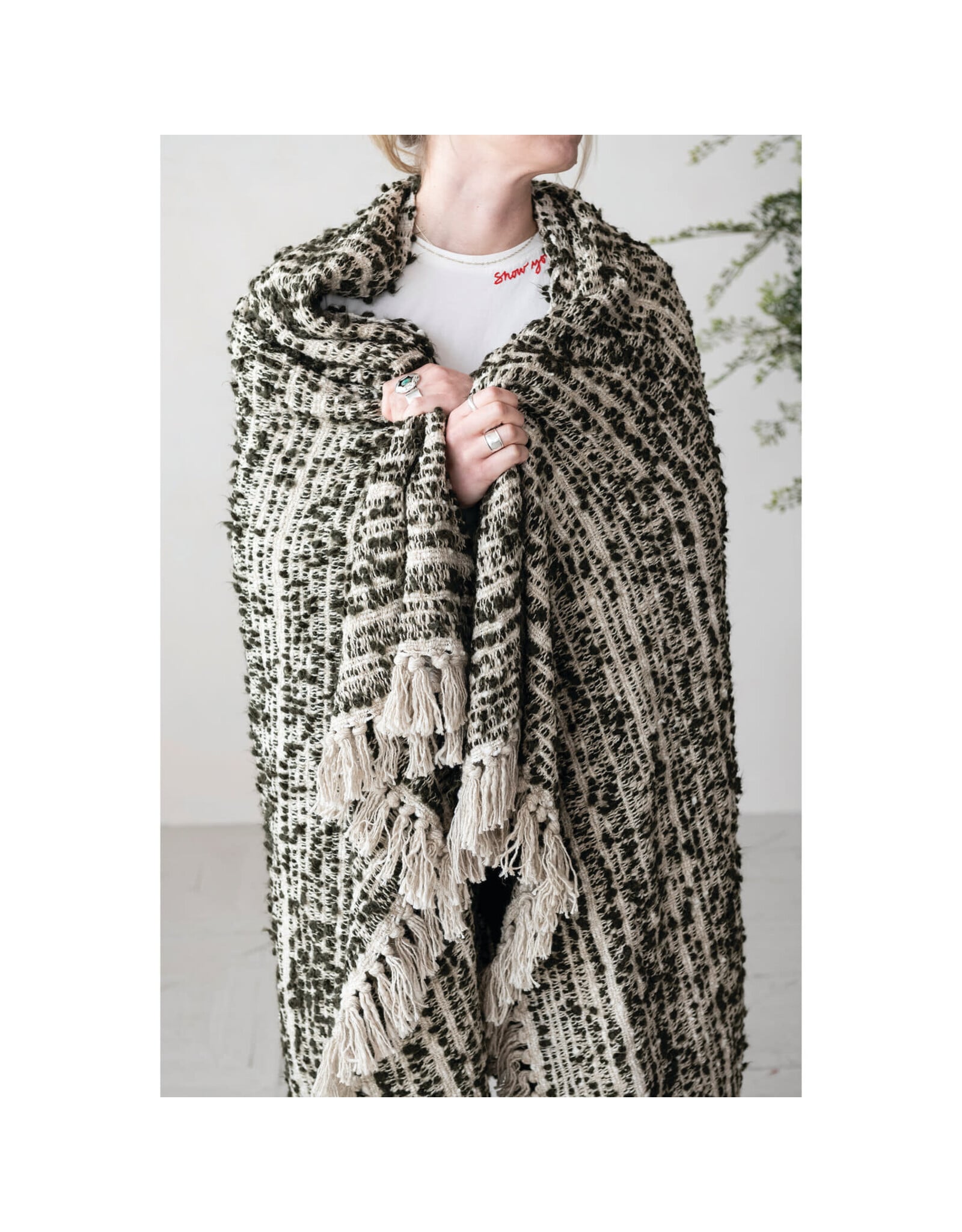 Woven Cotton & Acrylic Blend Throw with Fringe