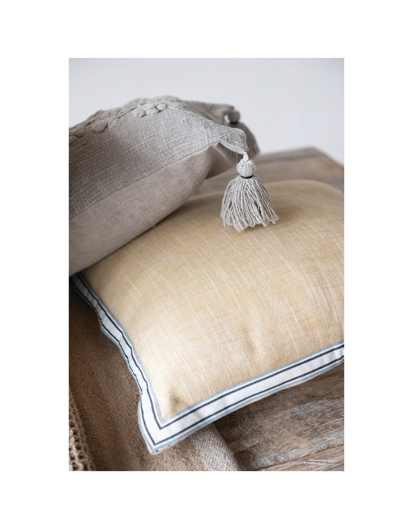 18" Square Woven Cotton Pillow with Striped Flange Edge