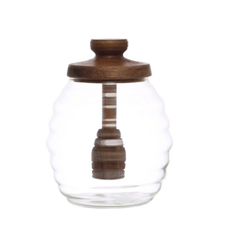 4" Round Glass Honey Jar w/Wood Honey Dipper