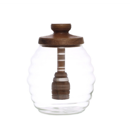 4" Round Glass Honey Jar w/Wood Honey Dipper