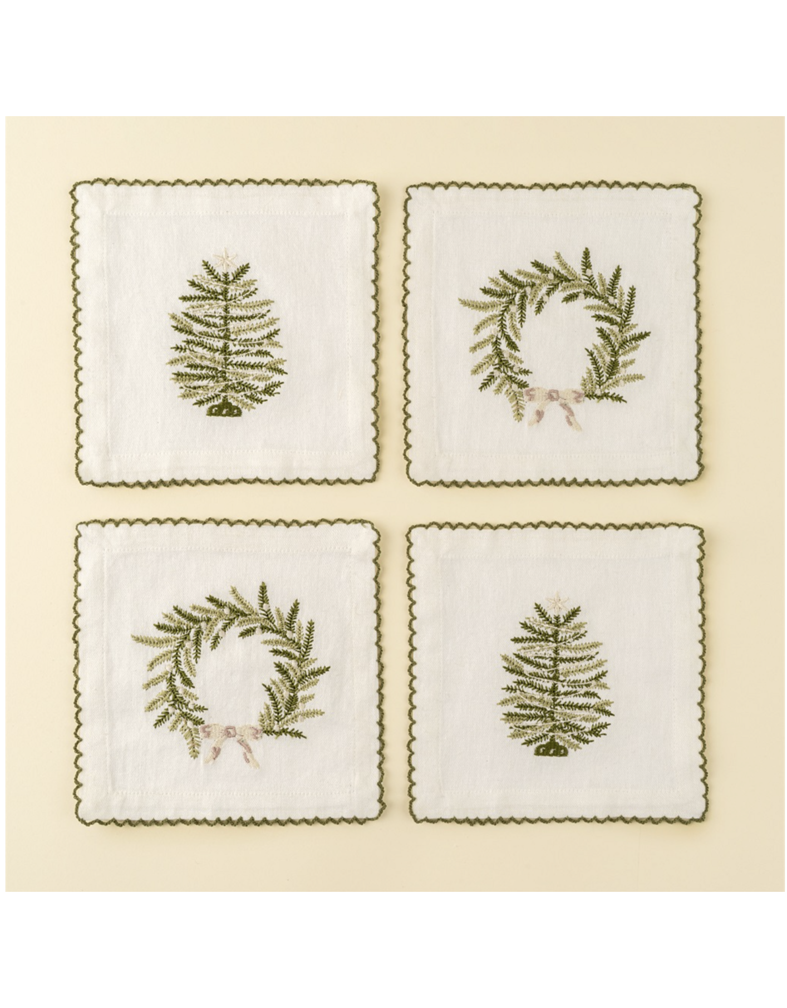 Embroidered Tree/ Wreath Cocktail Napkins S/4