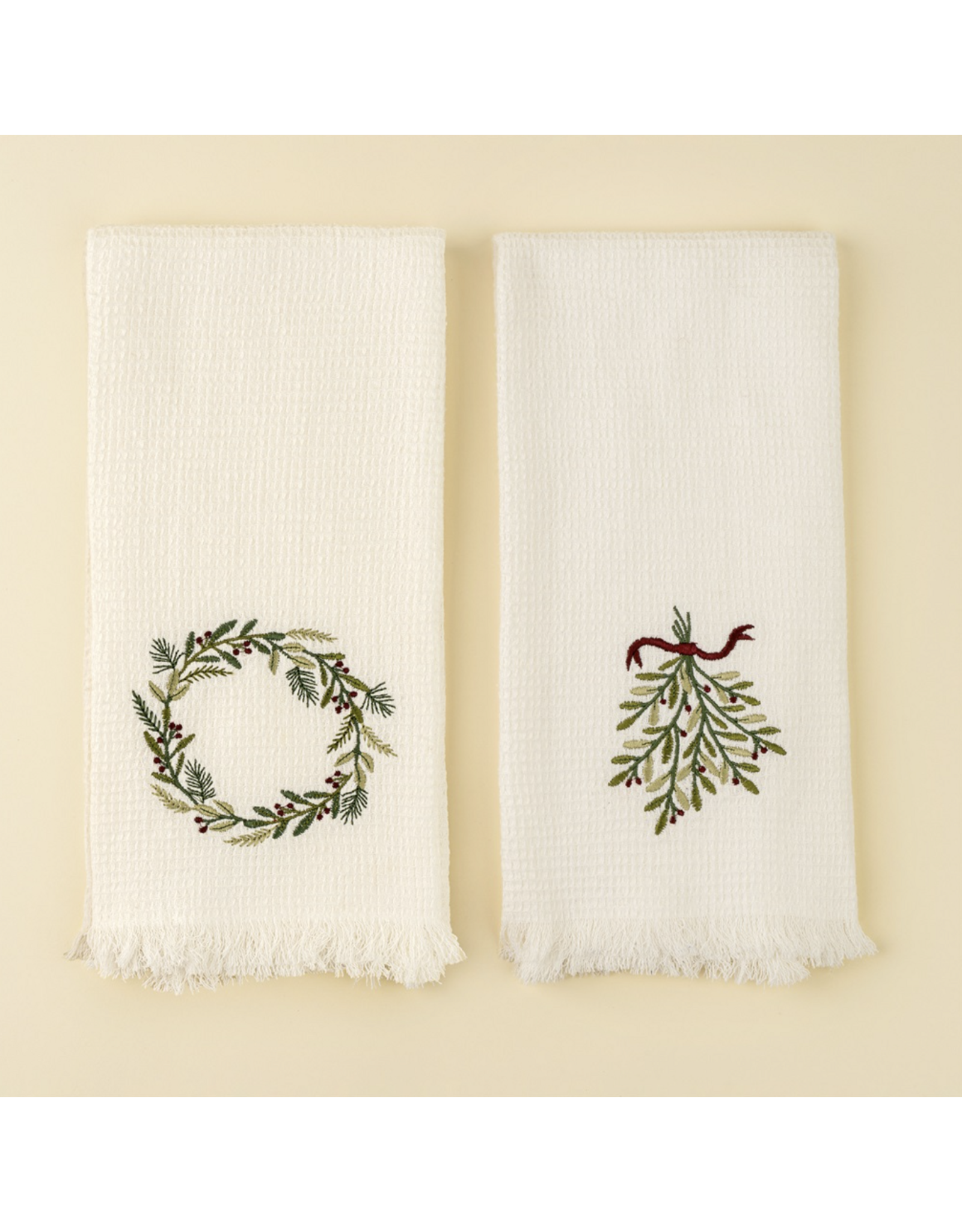 Embroidered Wreath Mistletoe Waffle Hand Towels S/2