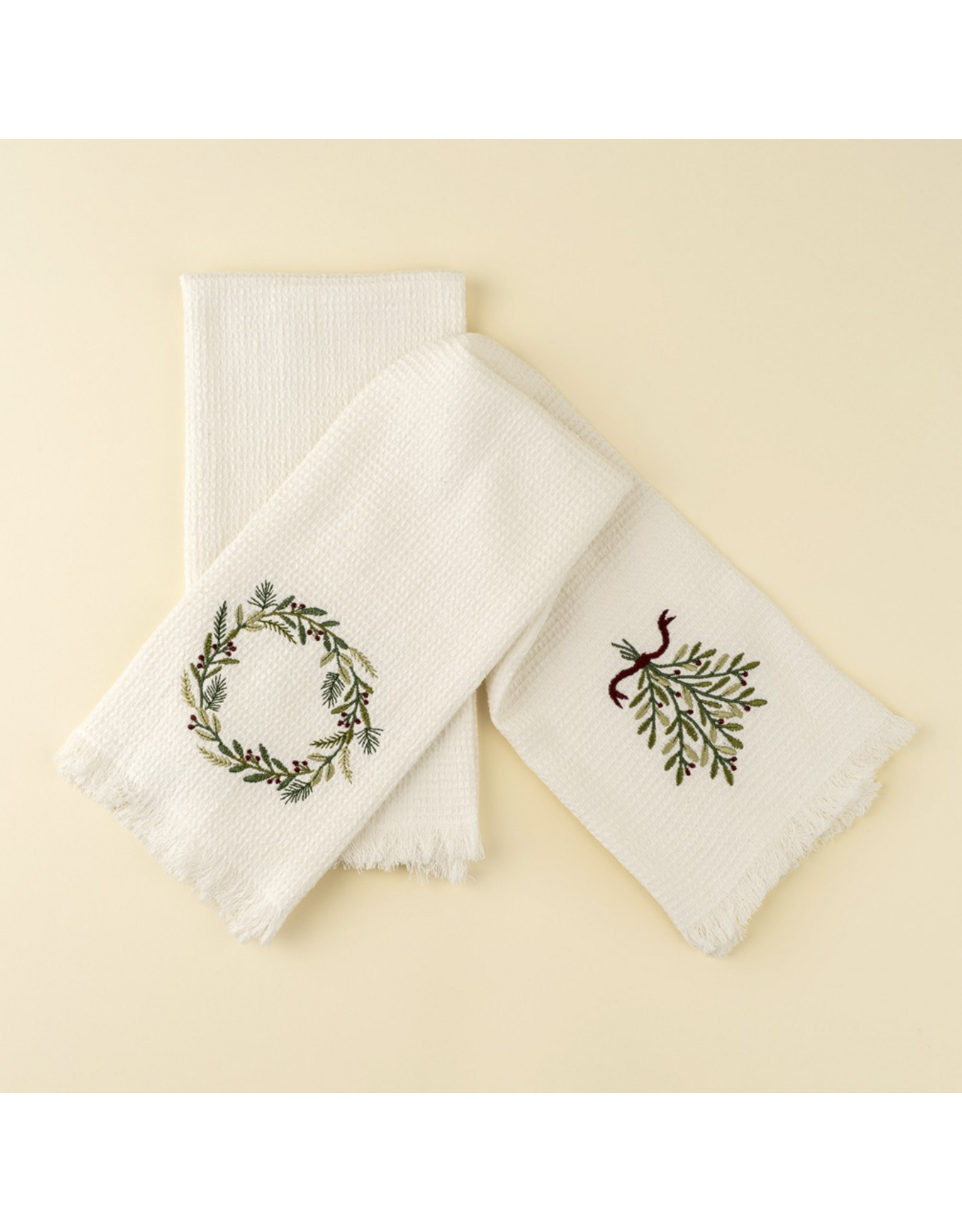 Embroidered Wreath Mistletoe Waffle Hand Towels S/2