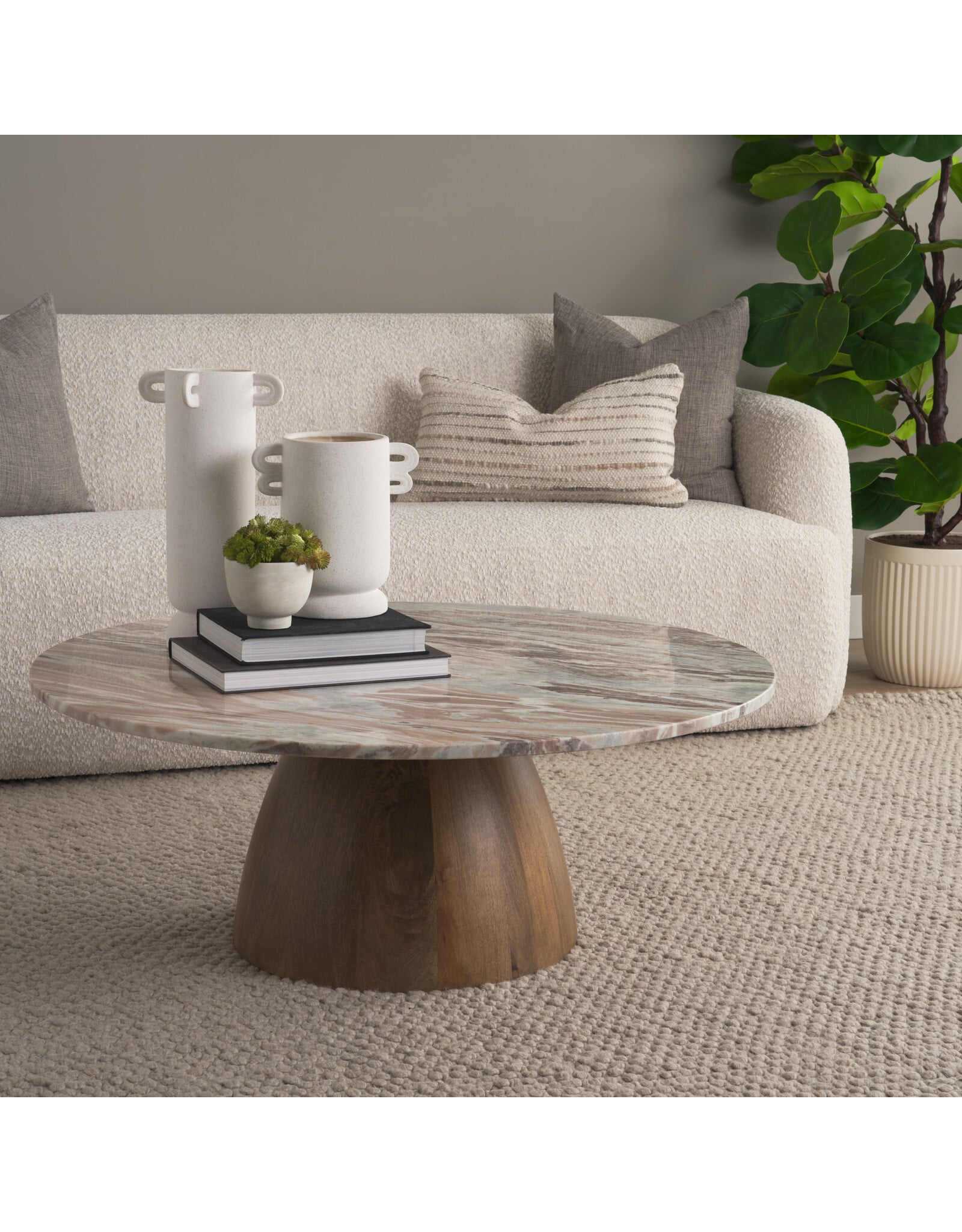 Allyson Round Brown Pedestal w/Savar Pink Marble Top Coffee Table