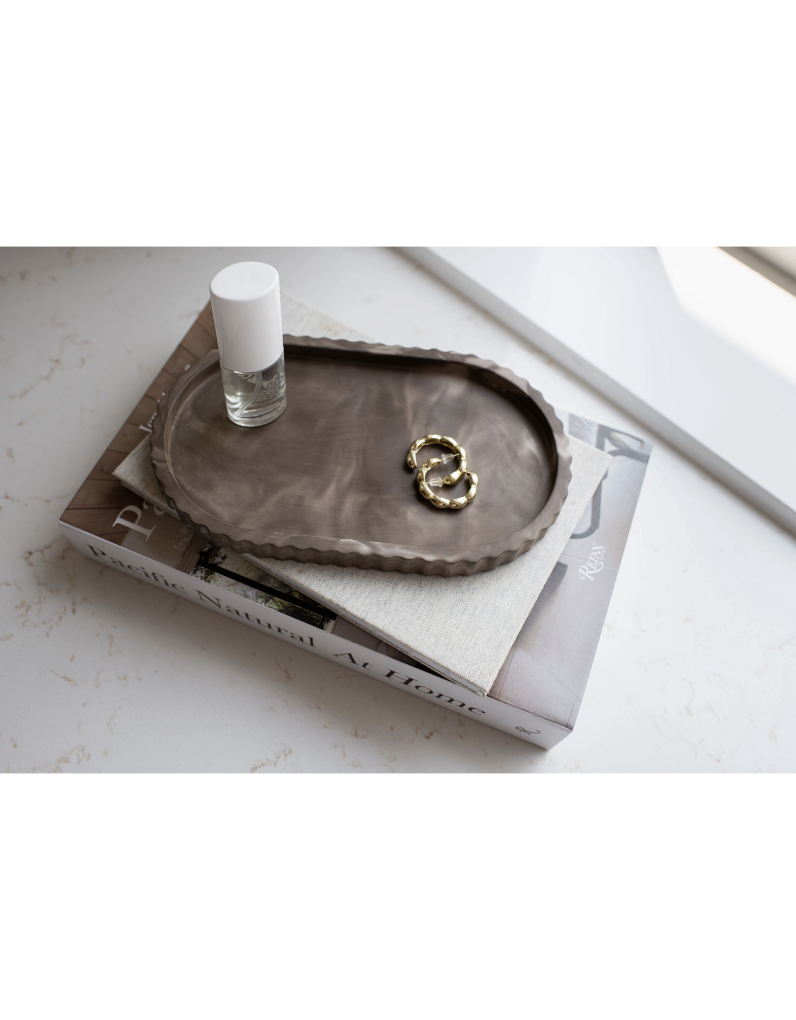 Fluted Stoneware Oval Tray, Mocha Stone