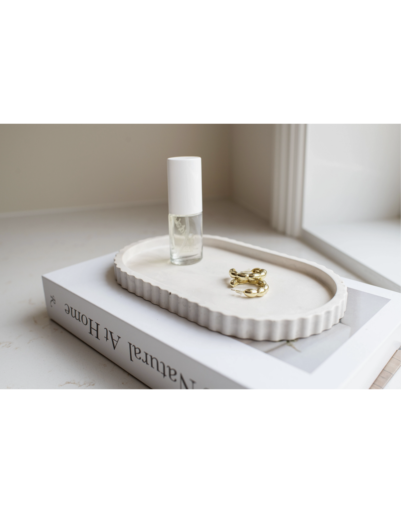 Fluted Stoneware Oval Tray, Limestone
