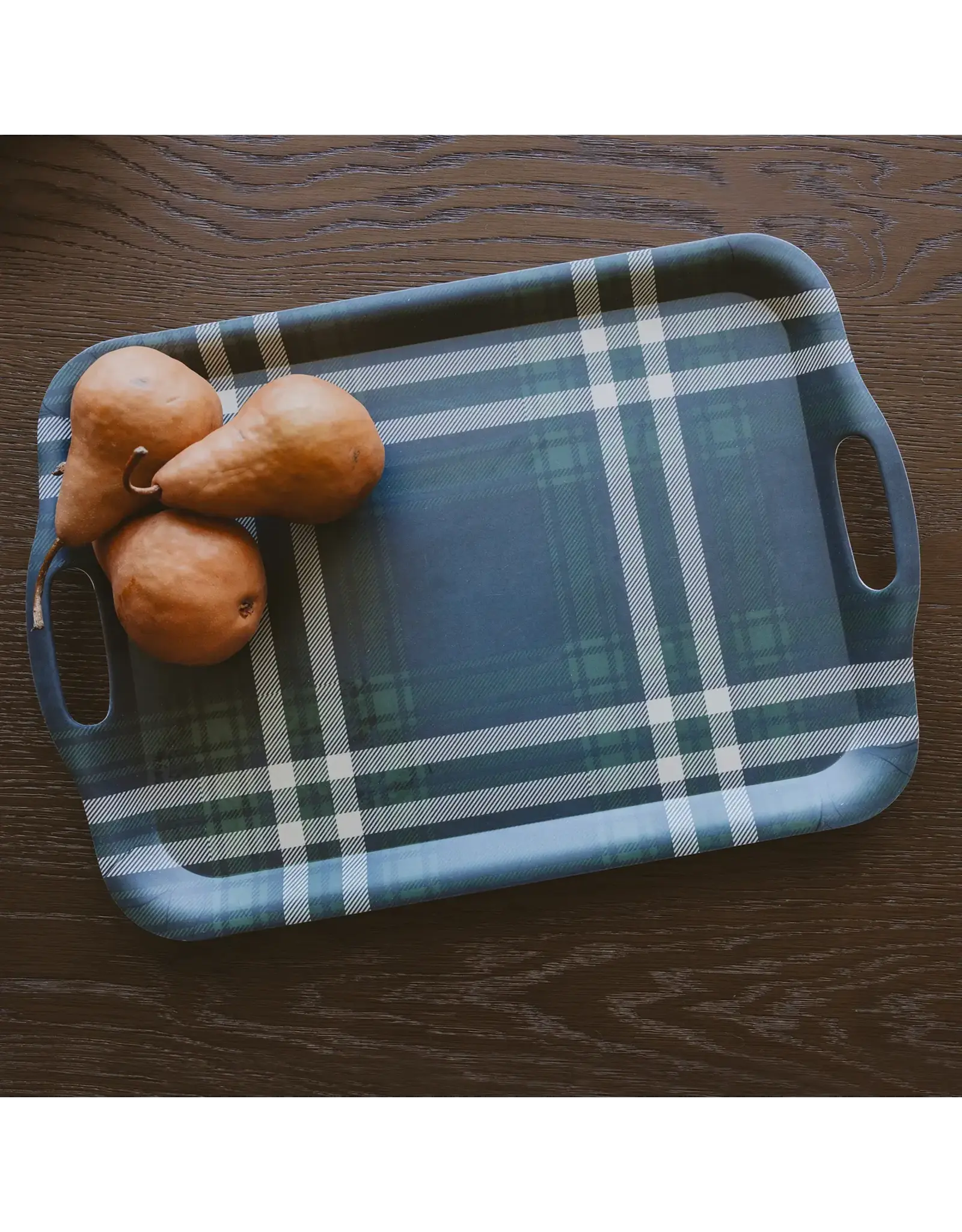 Navy Green Plaid Large Melamine Tray w/ Handles