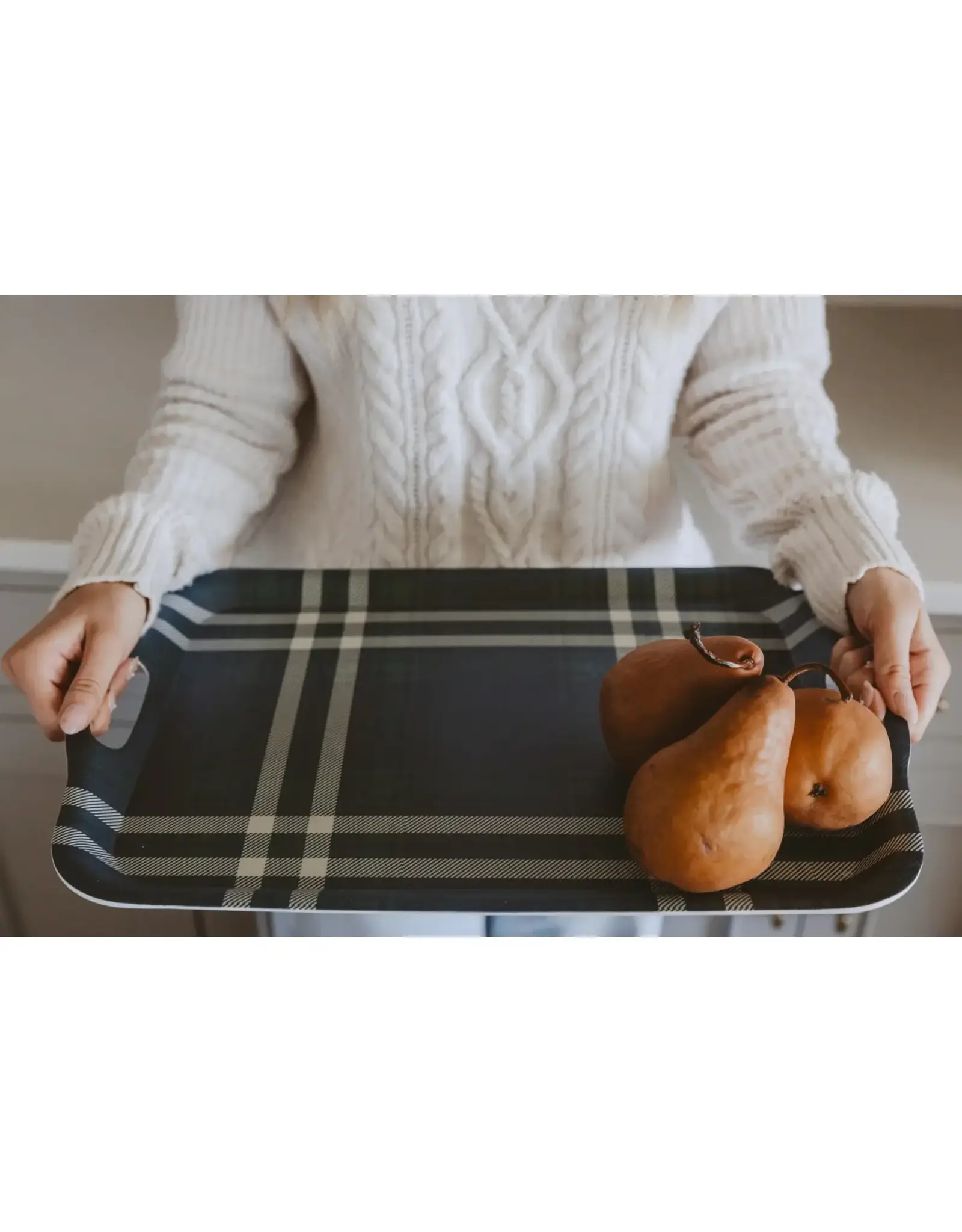 Navy Green Plaid Large Melamine Tray w/ Handles