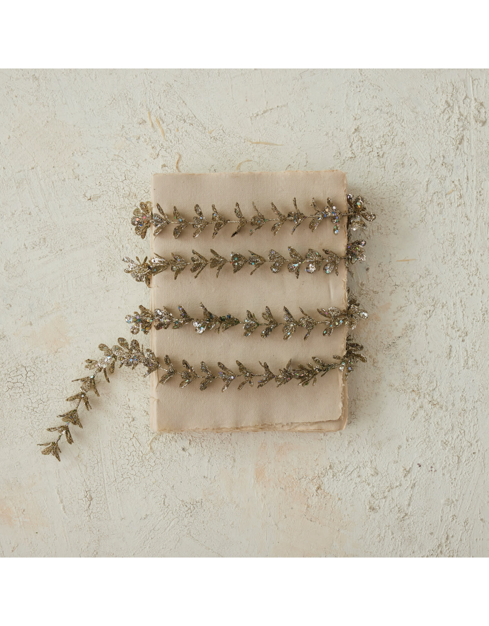72"L x 1"H Faux Boxwood Garland with Glitter, Champagne Finish