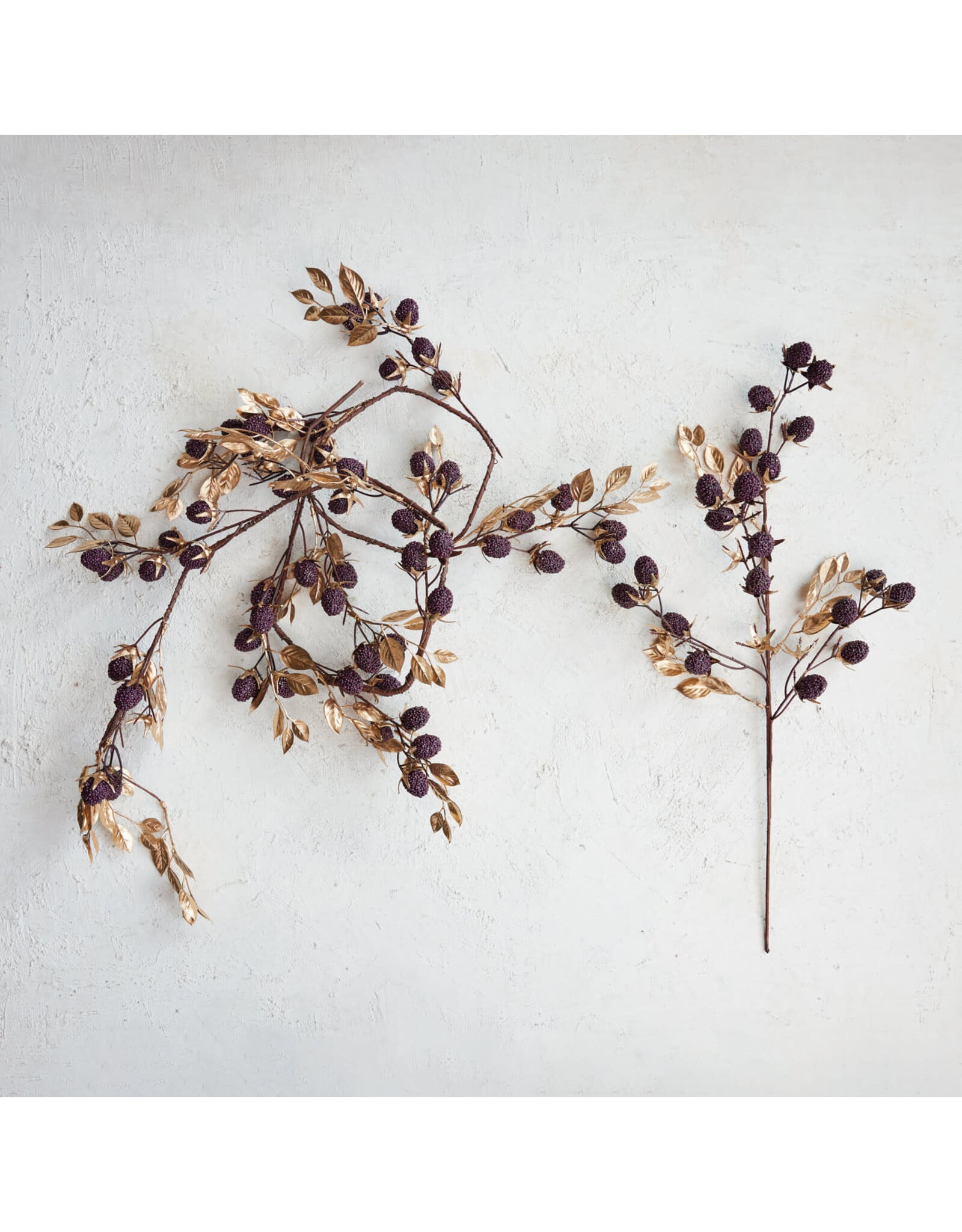 Faux Berry & Leaves Stem with Glitter, Gold Finish & Burgundy