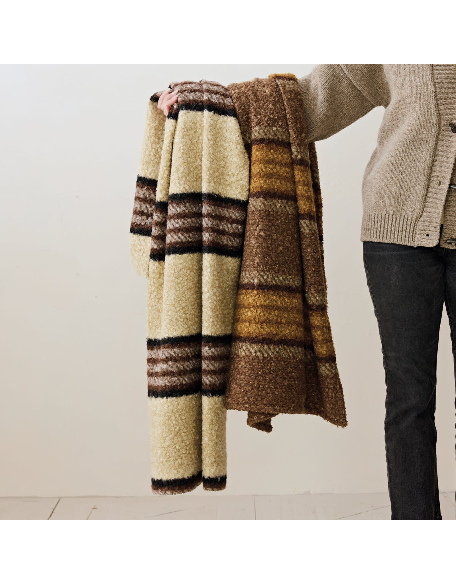 Fabric Faux Sherpa Throw with Stripes, Black & Grey