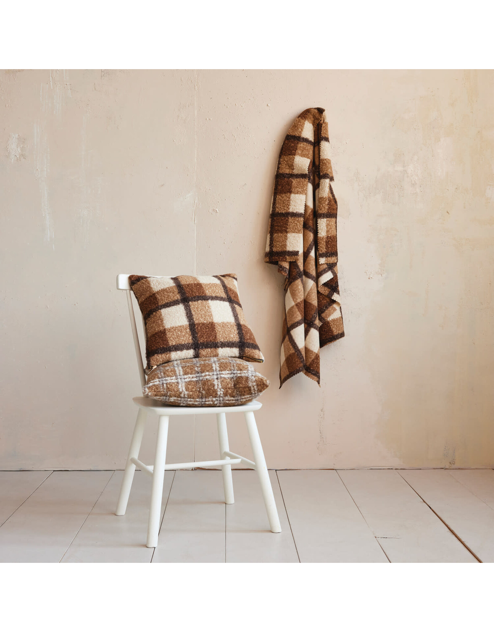 60"L x 50"W Fabric Faux Sherpa Throw, Brown Plaid
