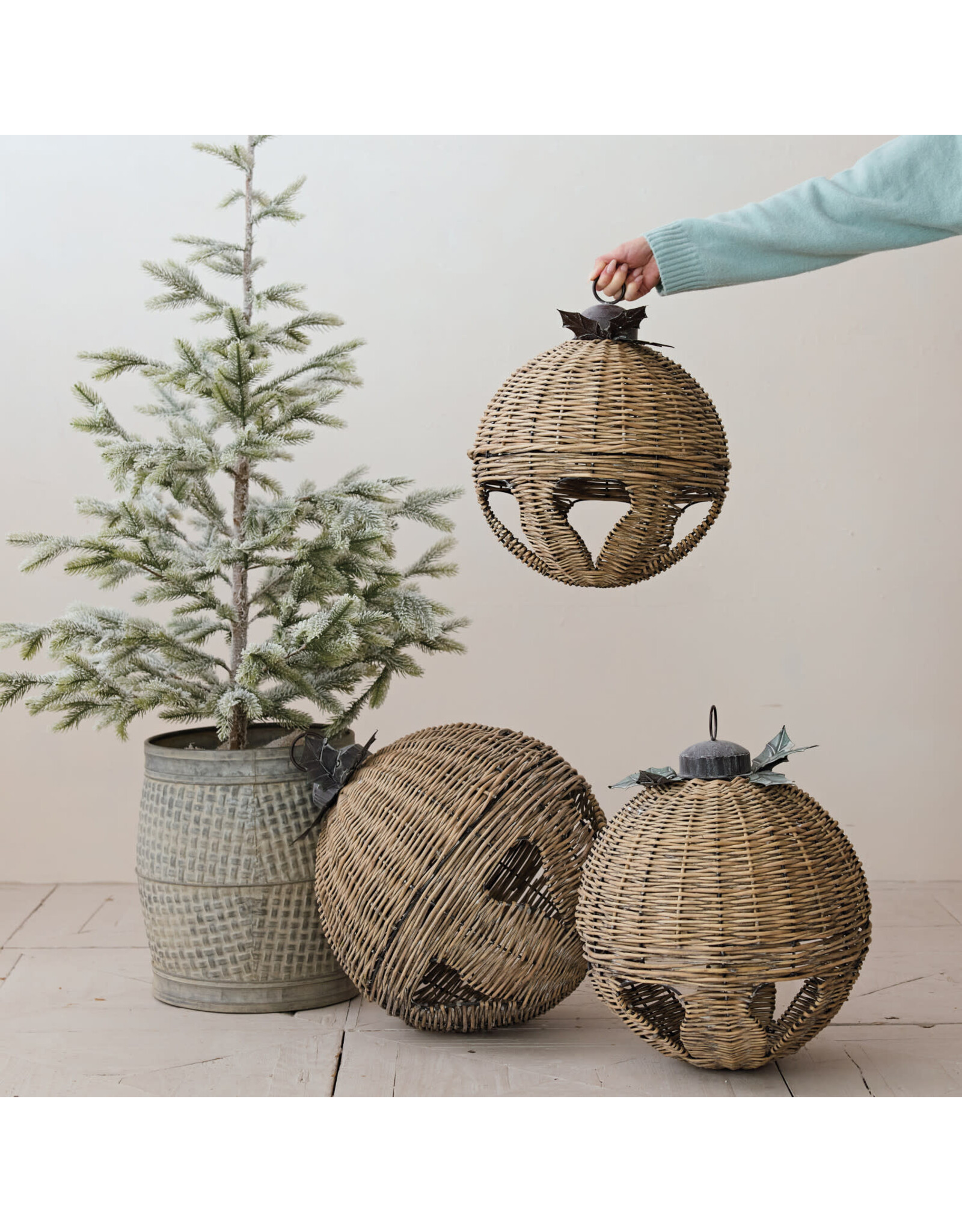 Hand-Woven Rattan Bell with Metal Leaves