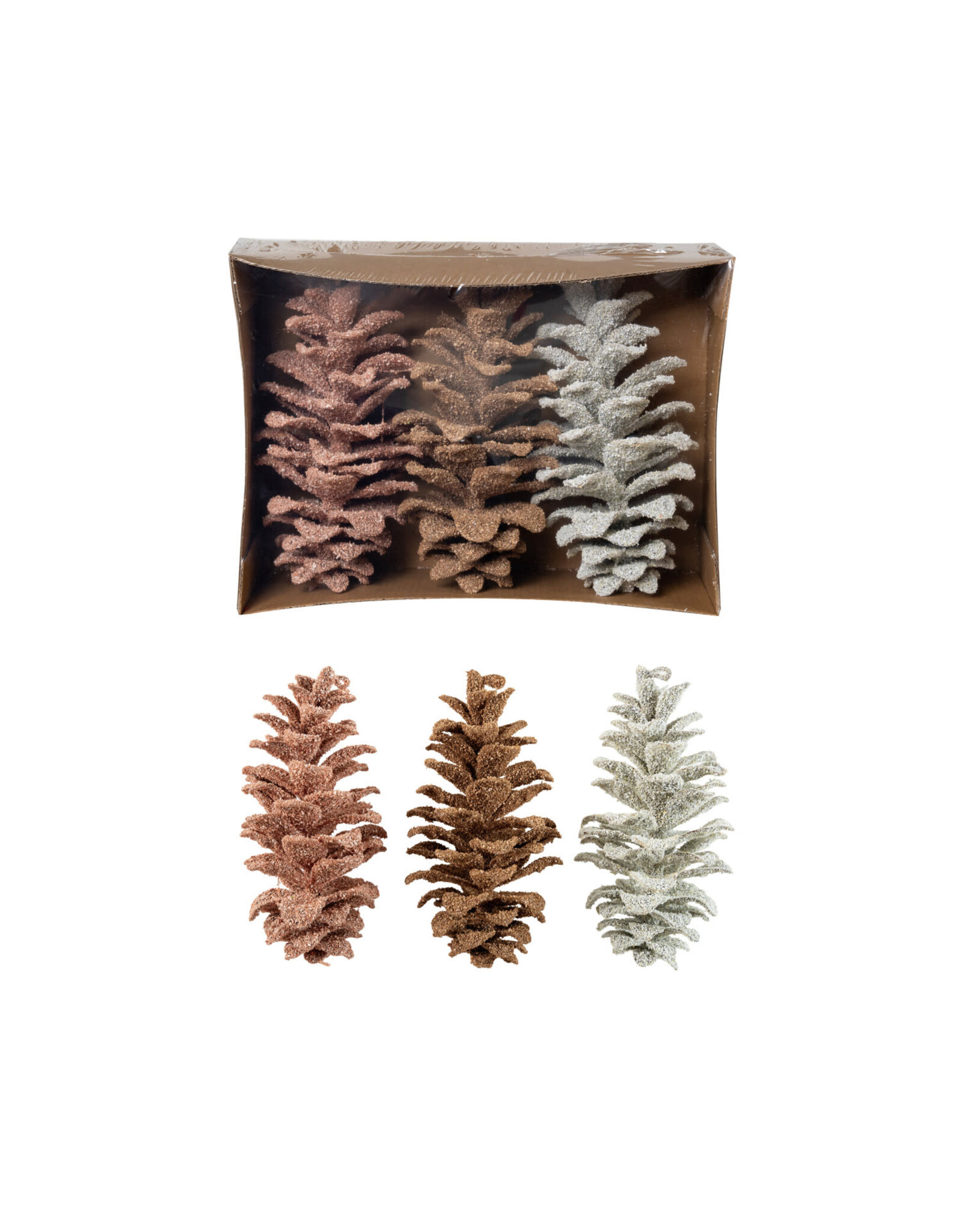 Faux Pinecones with Glitter, Pink, Brown & White, S/3