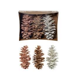 Faux Pinecones with Glitter, Pink, Brown & White, S/3