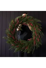 Red Plum Berry Norfolk Cypress Pre Lit Wreath 34"