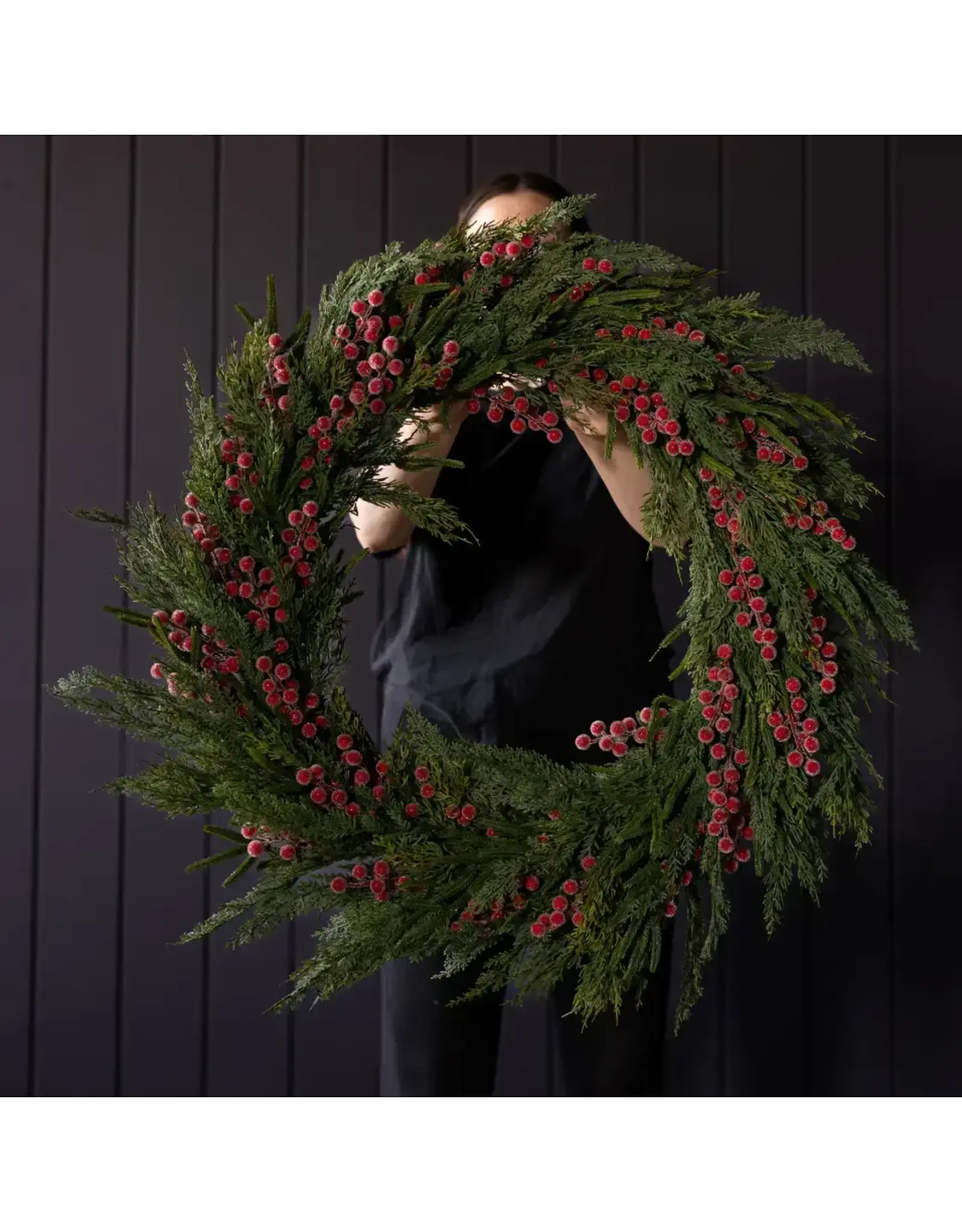 Red Plum Berry Norfolk Cypress Pre Lit Wreath 34"