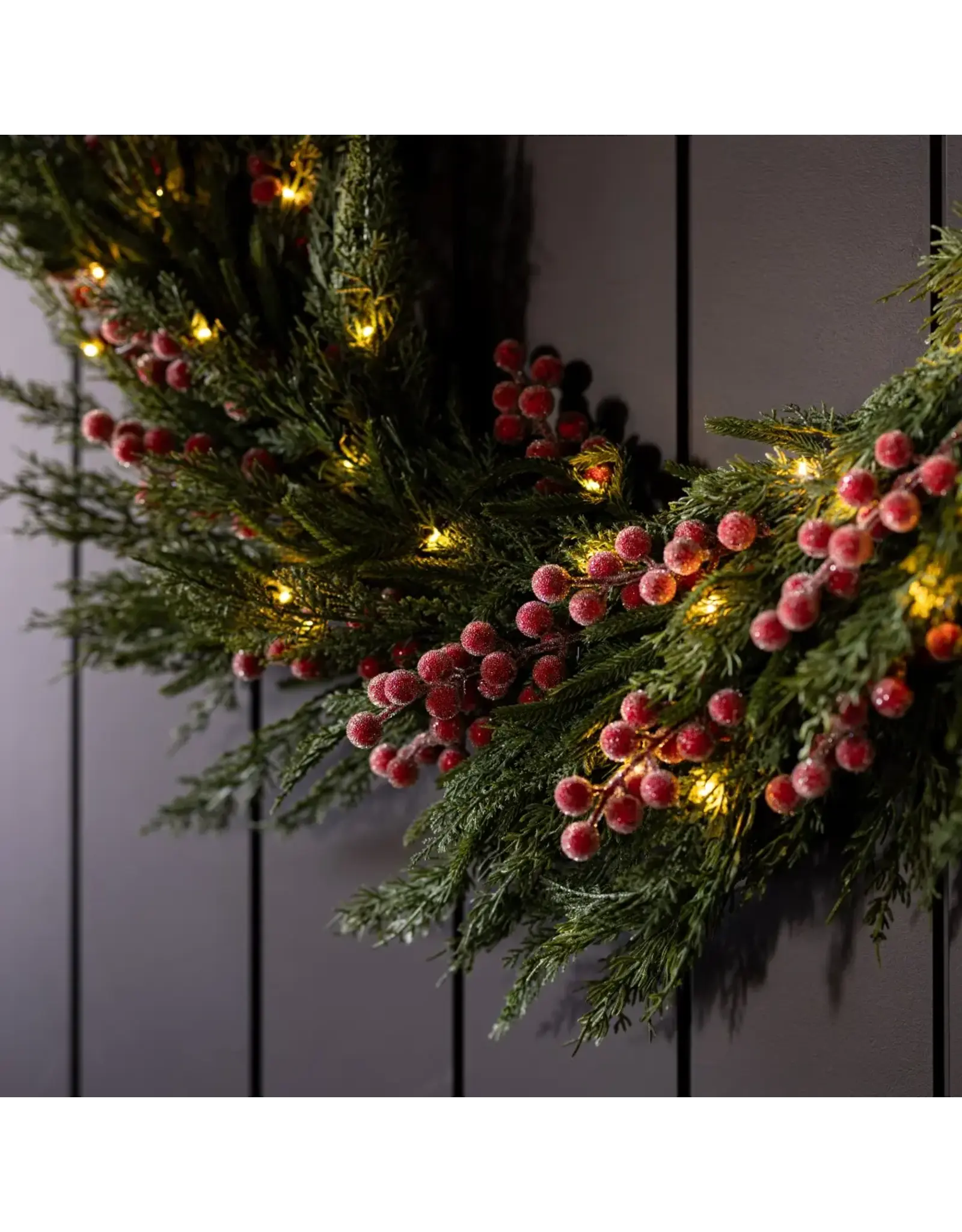 Red Plum Berry Norfolk Cypress Pre Lit Wreath 34"