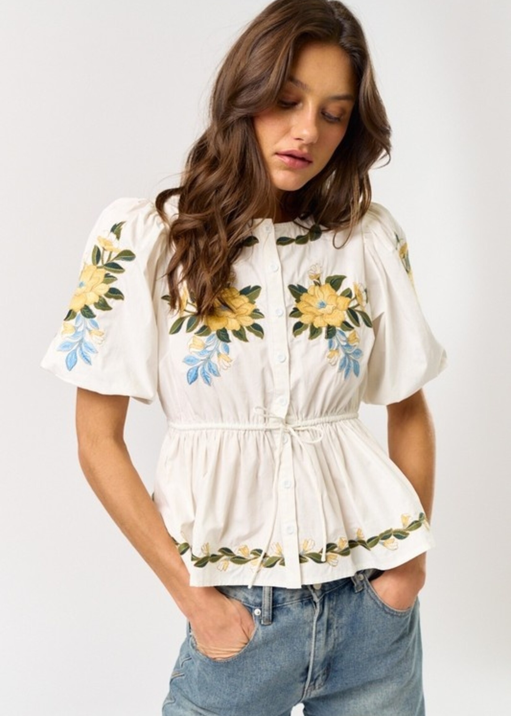 lala Lala Embroidered Floral Cinch Top