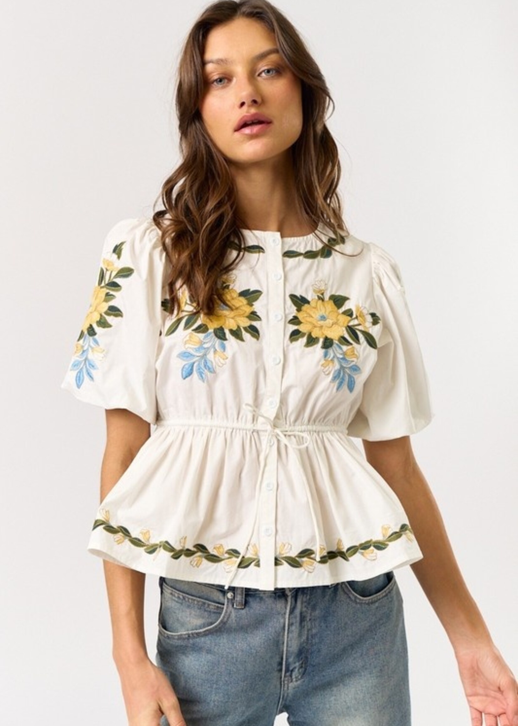 lala Lala Embroidered Floral Cinch Top