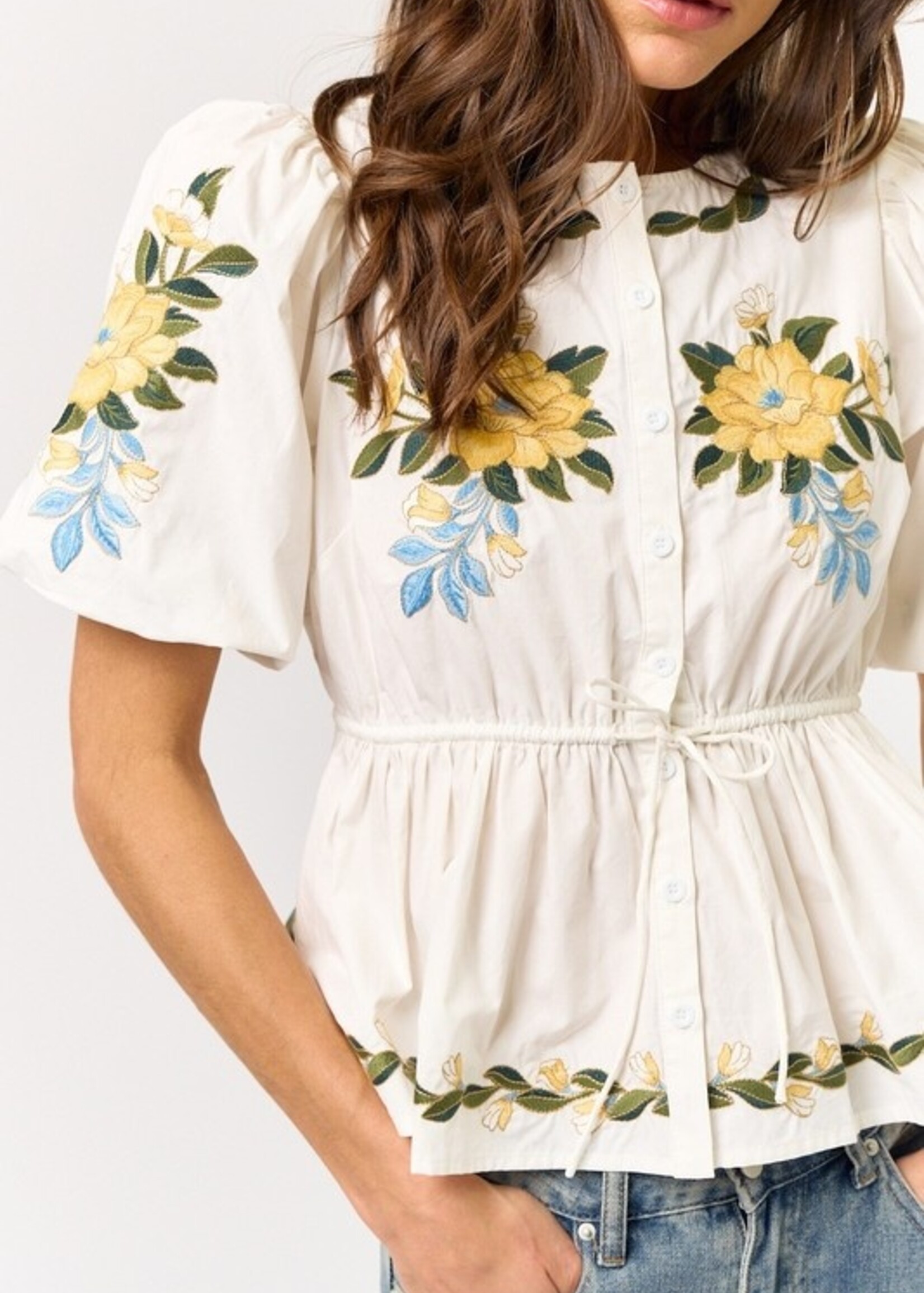 lala Lala Embroidered Floral Cinch Top